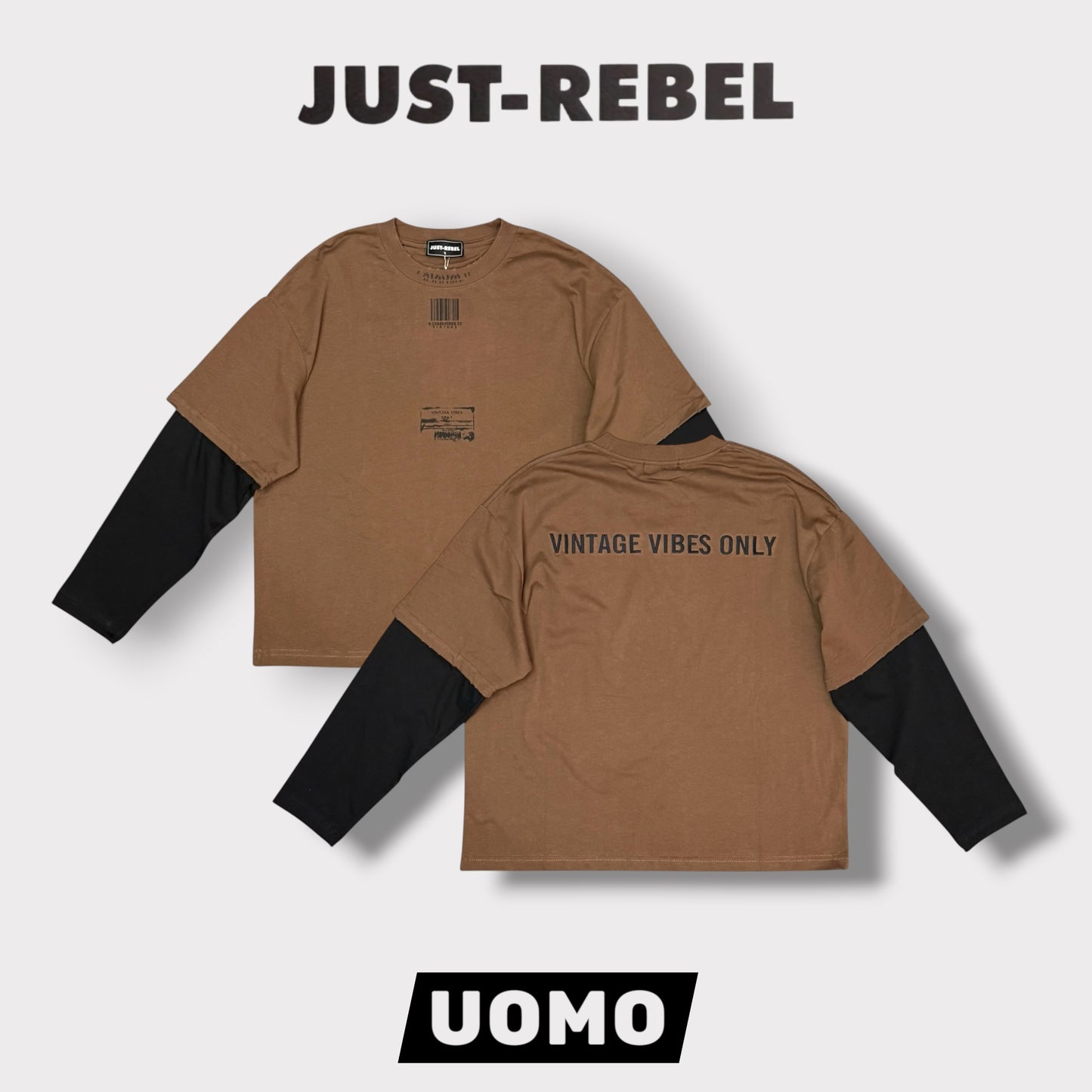 JUST RIBEL - T-Shirt Uomo, (veste comoda), con stampa schienale, Col.Marrone