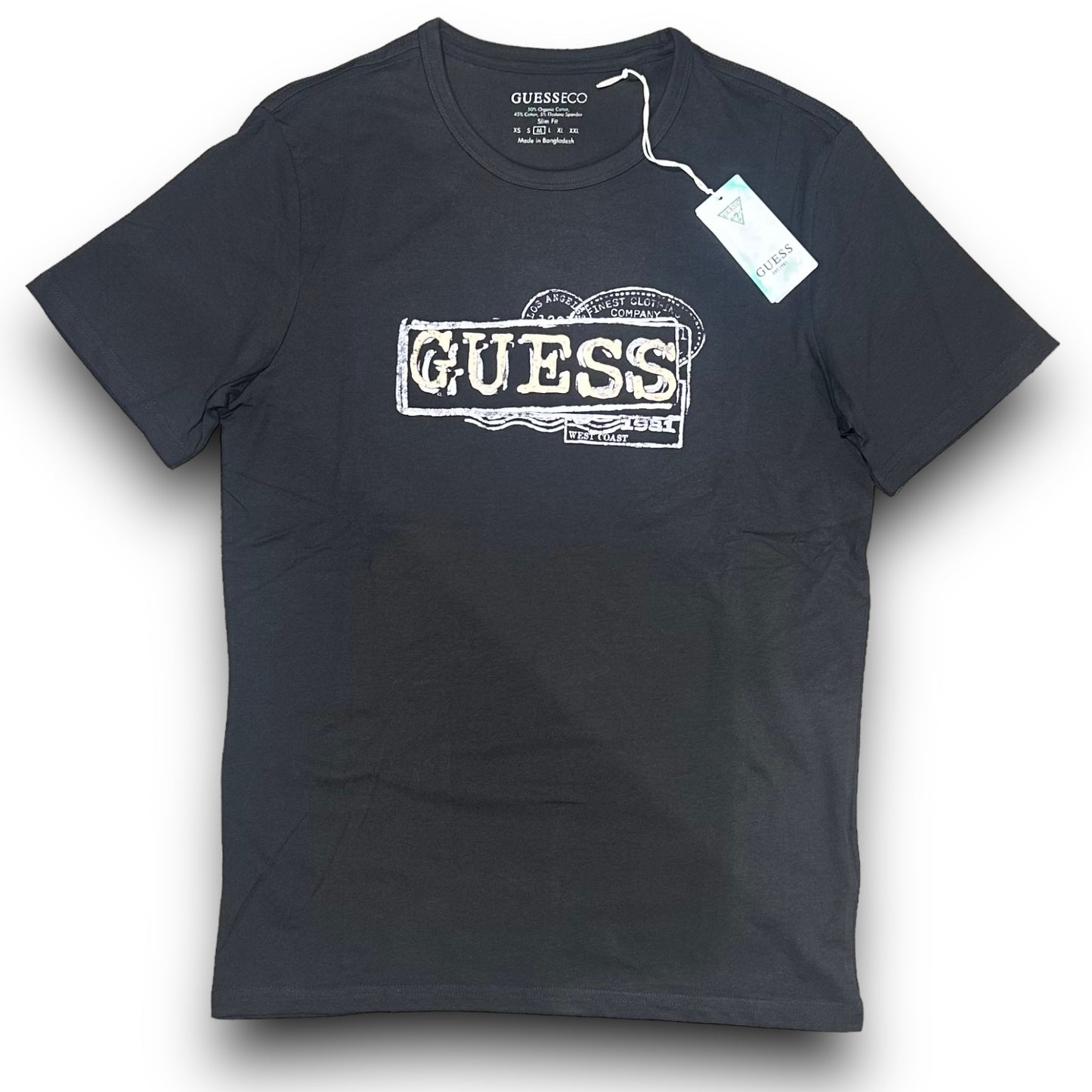 T-shirt GUESS con stampa frontale colorata in rilievo, Slim Fit, col. nero