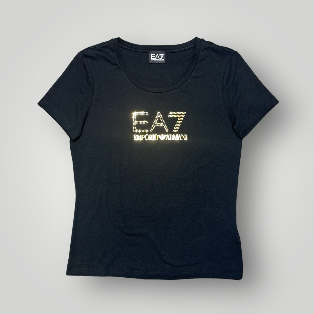 T-shirt EA7 Emporio Armani Donna Nera con stampa brillantinata oro frontale in rilievo, SlimFit