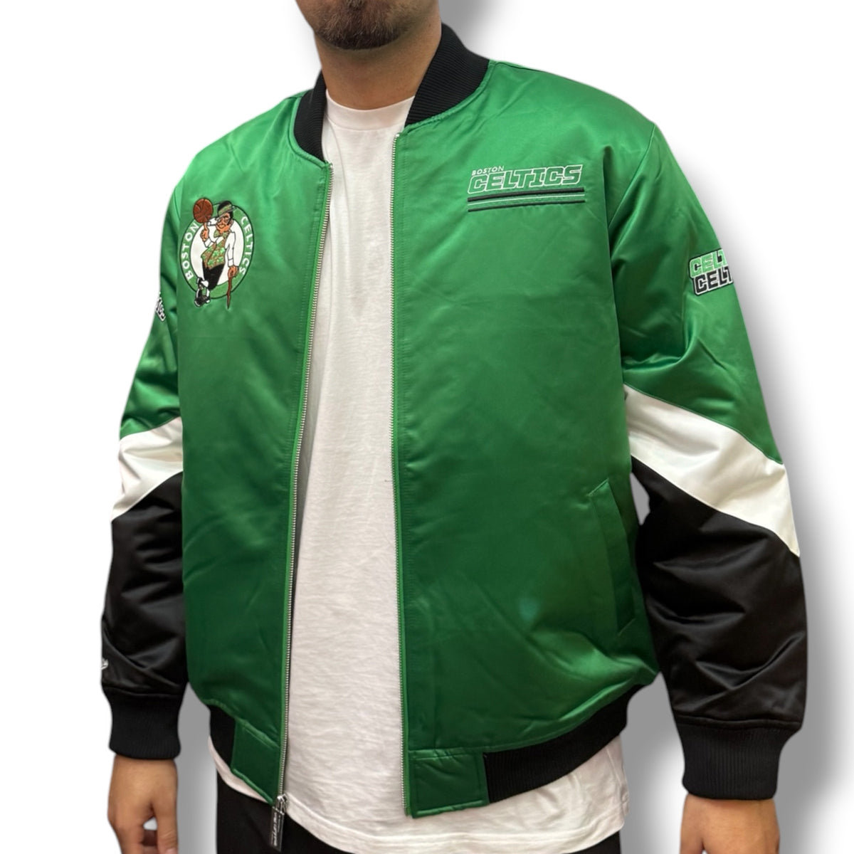 MITCHELL&NESS- Giubbotto Uomo, mod.Varsity Jacket, Boston Celtics, col.Verde/Nero/Bianco