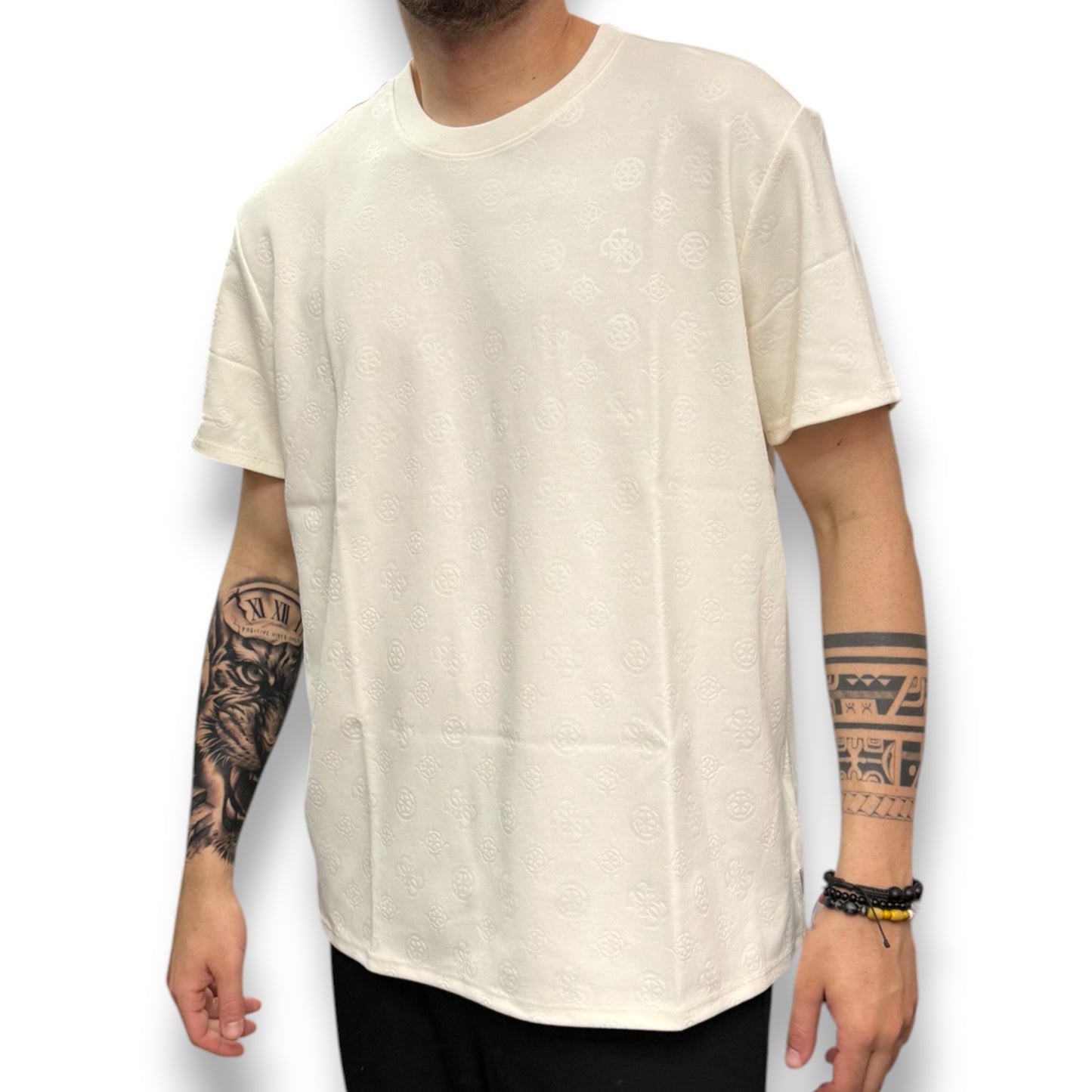 GUESS- T-shirt Uomo, in tessuto tecnico, Regular Fit, col.Panna