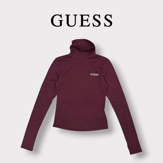 GUESS- T-shirt Donna, manica lunga, con colletto, Col.Bordeaux
