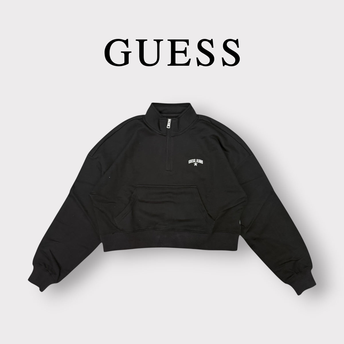 GUESS - Felpa Donna, con mezza zip e logo lato cuore, tex.Garzato, OversizeFit, col.Nero