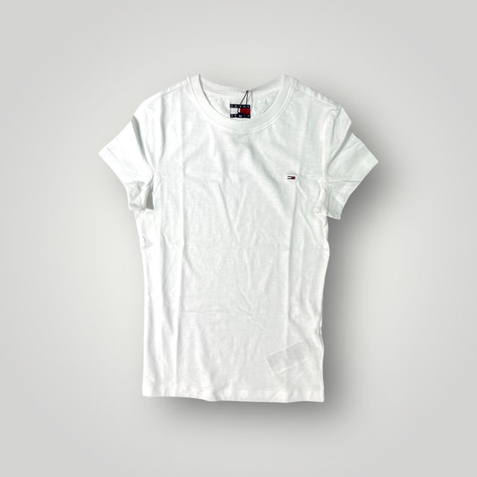 T-shirt TOMMY HILFIGER Donna con logo piccolo lato cuore, SlimFit(veste piccolo), Col.Bianco