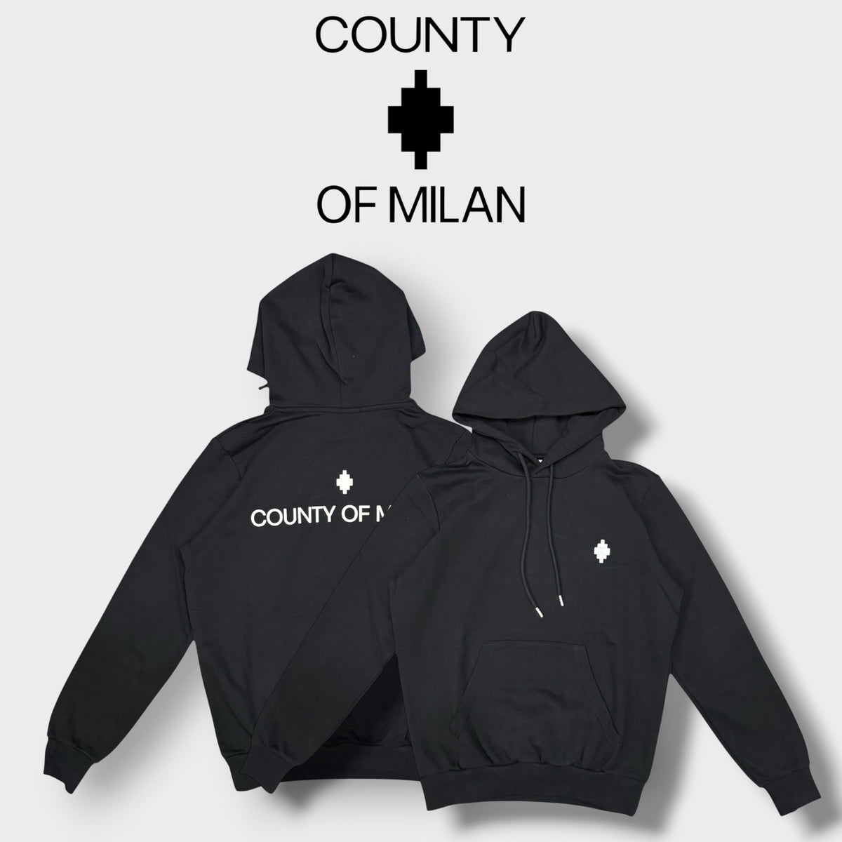 COUNTY OF MILAN- Felpa Uomo, con cappuccio e stampa sulla schiena, tex.cotone garzato(veste comoda), Col.Nero