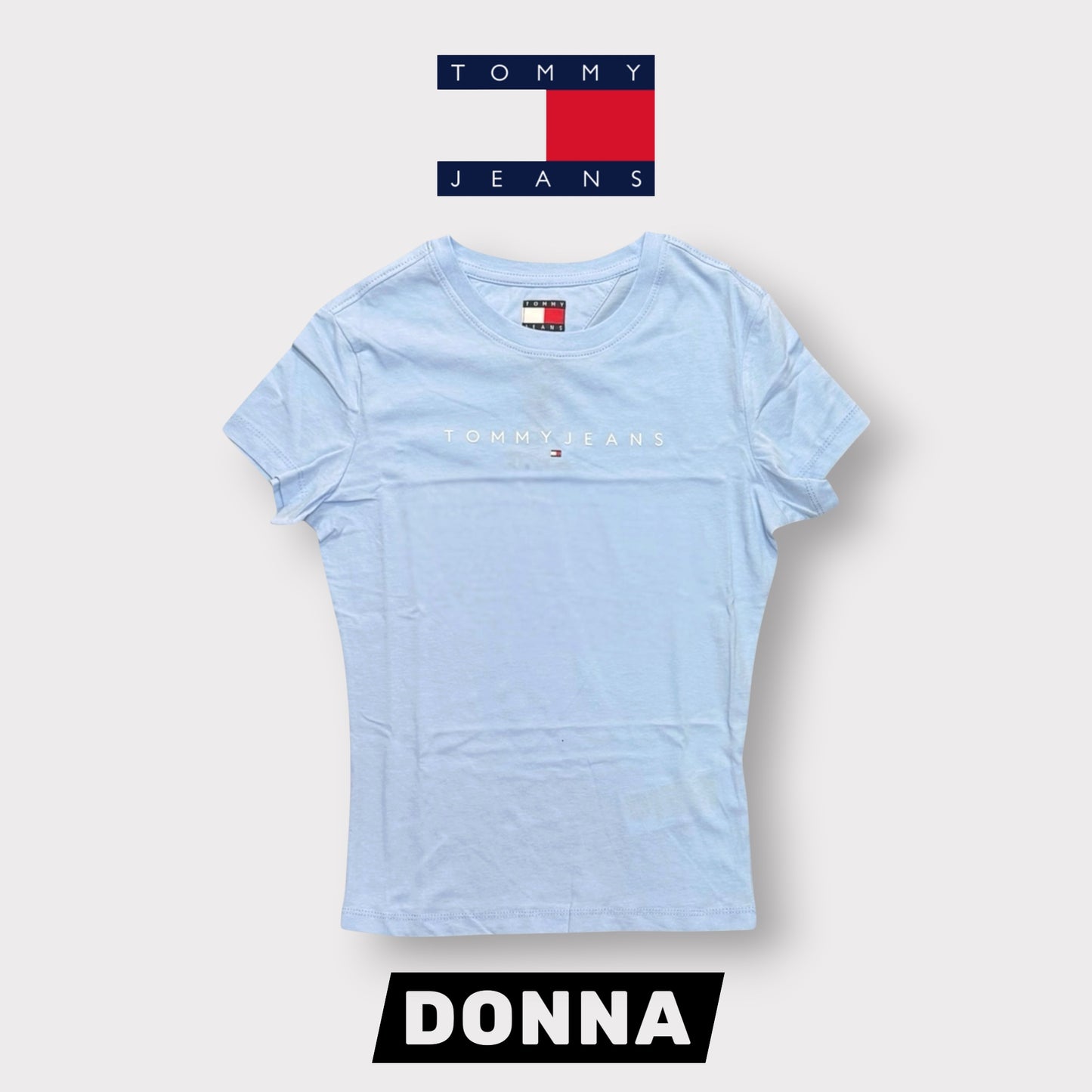 TOMMY JEANS- T-shirt Donna, con scritta in rilievo, Slim Fit, col.Celeste