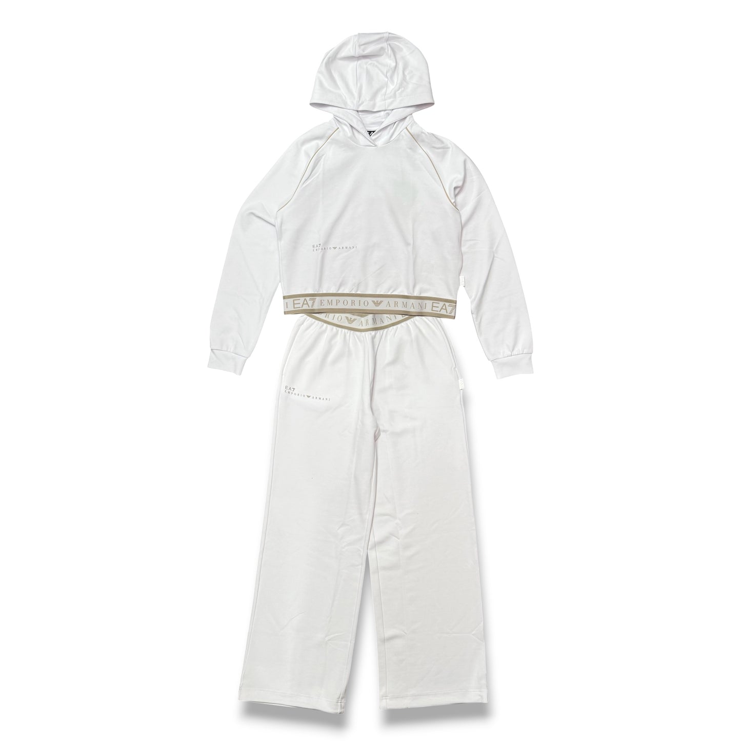 EA7 EMPORIO ARMANI- Tuta completa Donna con cappuccio e pantalone a palazzo, primaverile, col.Bianco