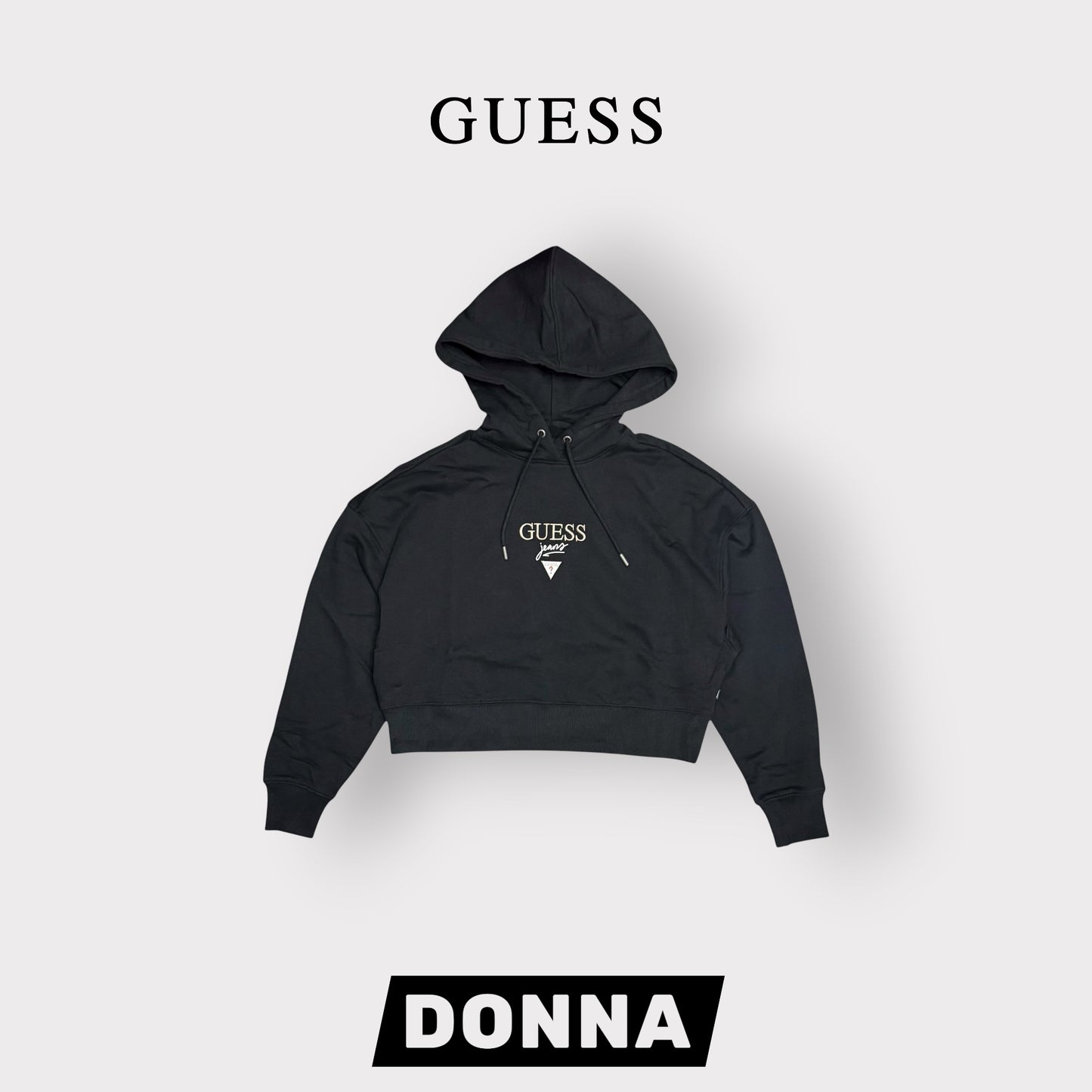 GUESS-Felpa estiva Donna, con cappuccio e ricamo frontale, tex.cotone garzato, Col.Nero