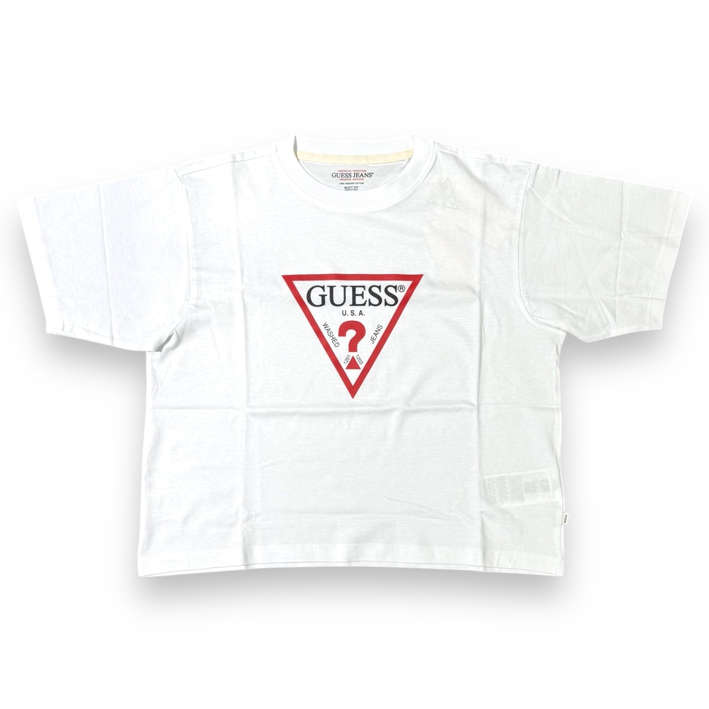 T-shirt GUESS JEANS con logo centrale gommato in rilievo, BoxyFit , Col.Bianco