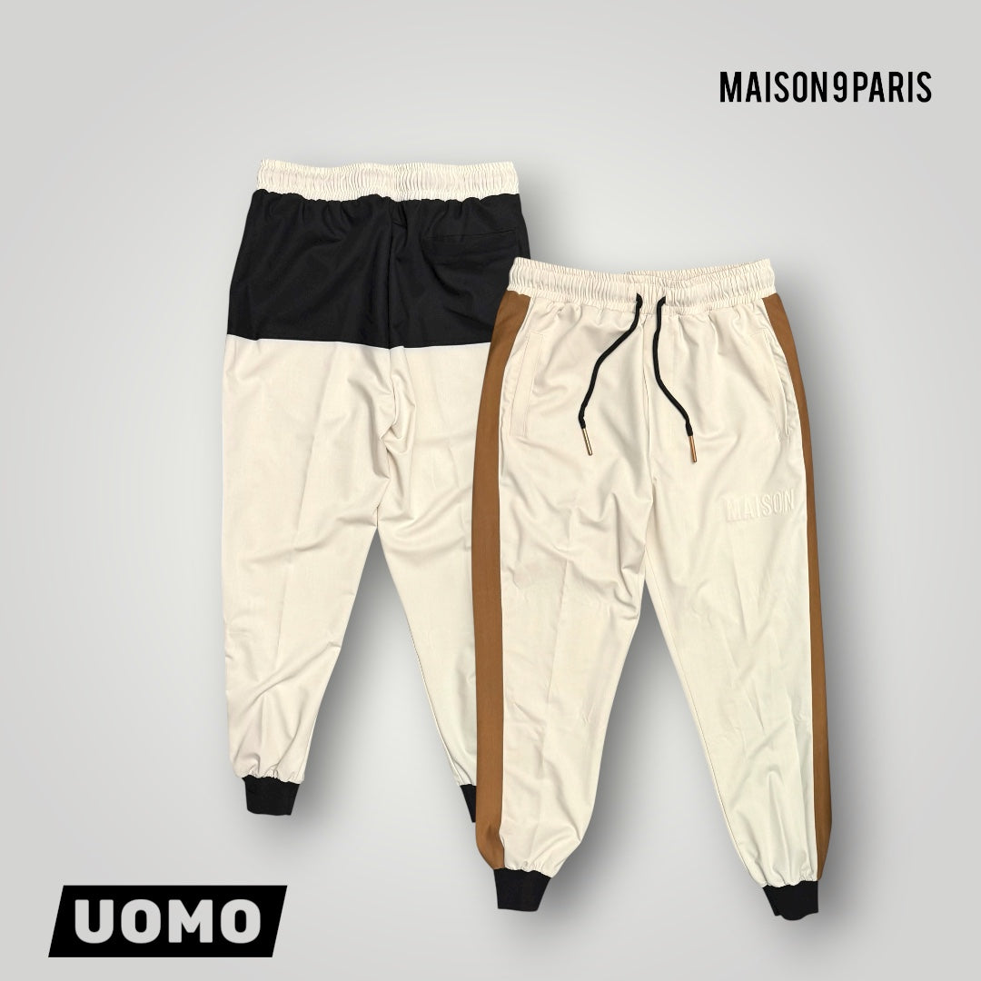 Pantalone MAISON 9 PARIS, in tessuto tecnico, col. Crema/Nero