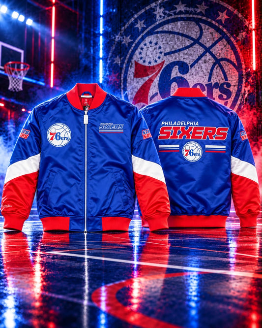MITCHELL&NESS- Giubbotto Uomo, mod.Varsity Jacket, Philadelphia Sixers, col.Blu/Rosso/Bianco