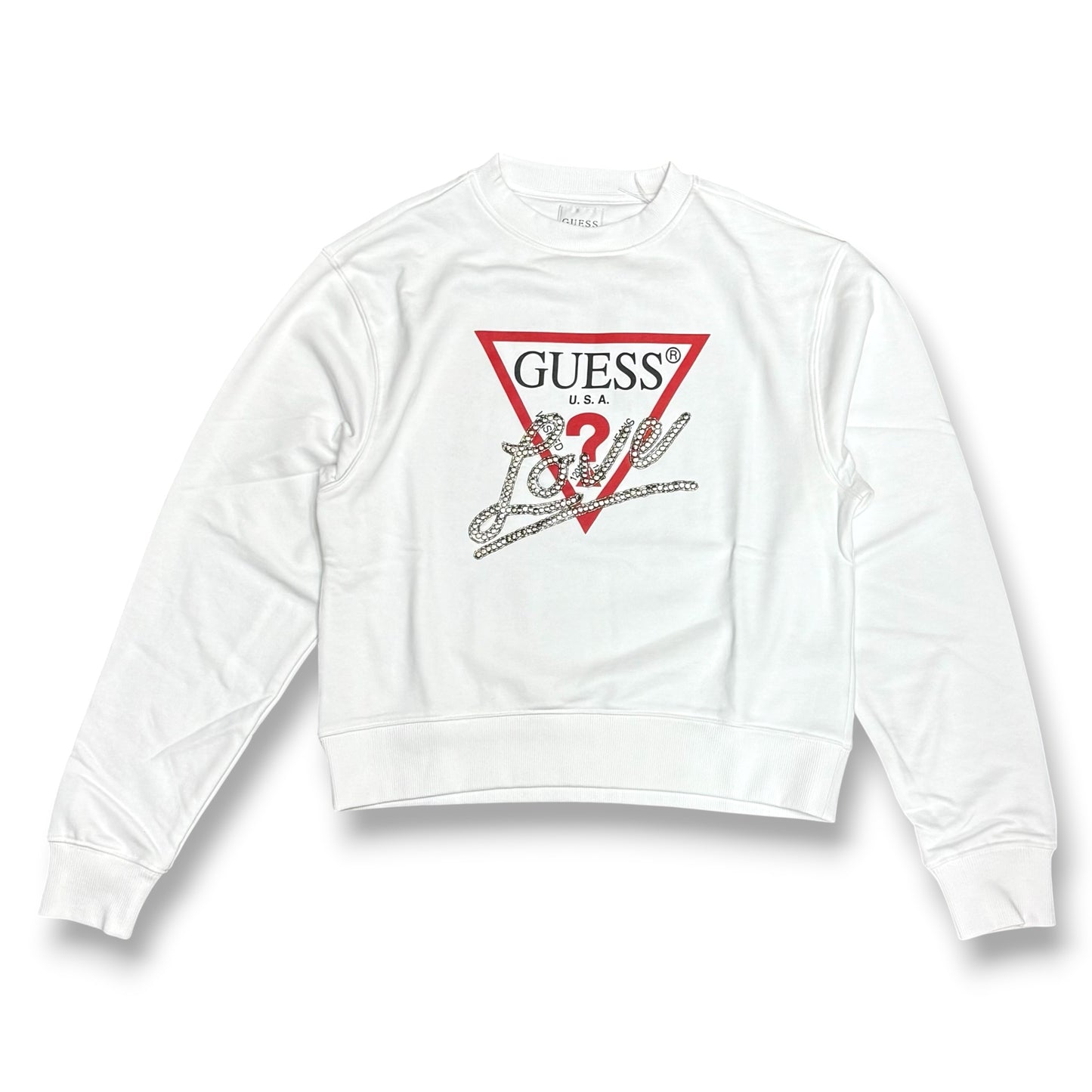GUESS-Felpa estiva Donna, girocollo, con applicazioni e stampa frontale, tex.cotone garzato, Col.Bianco