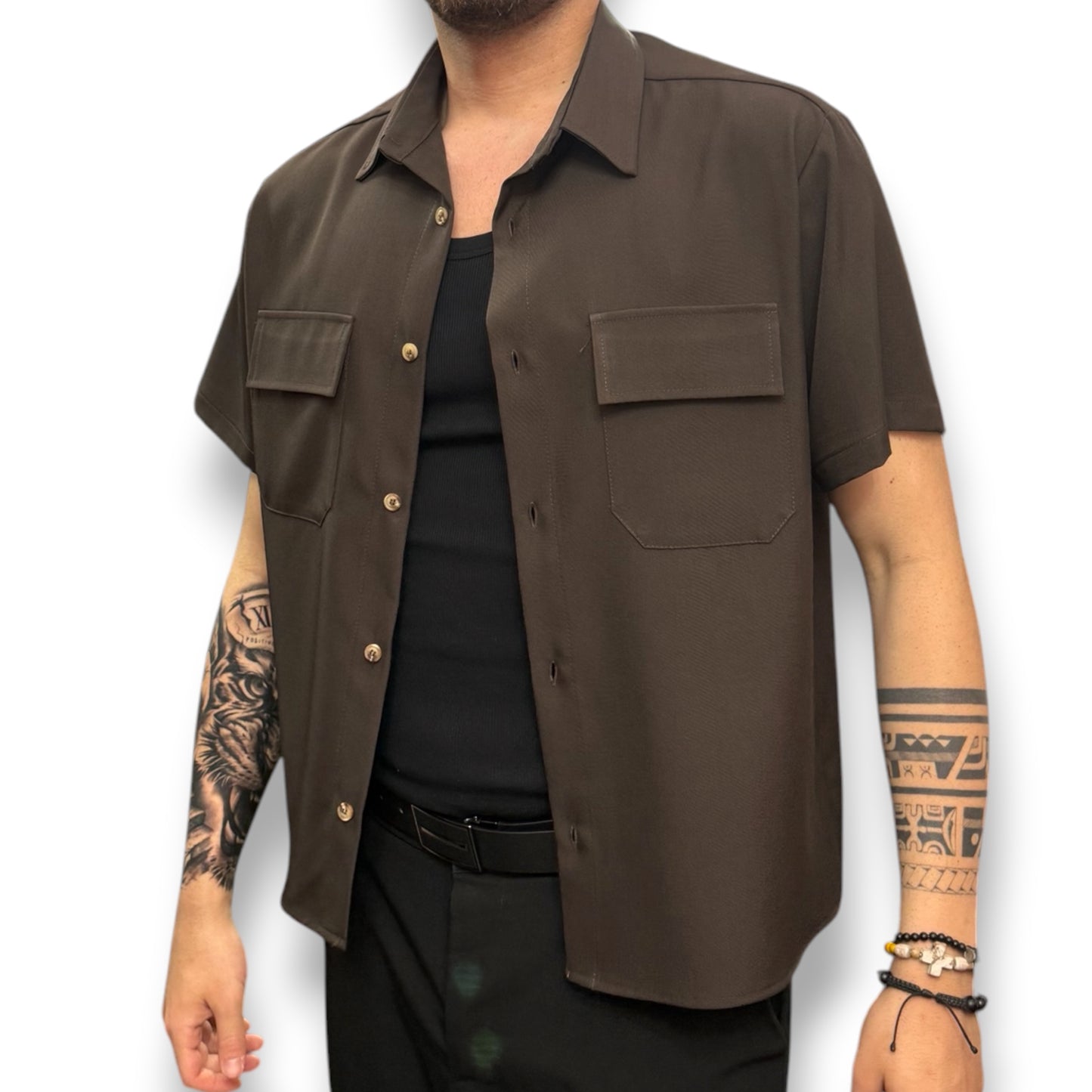 AFTER 91- Camicia Uomo mezza manica, Boxy Fit ,Col.Marrone