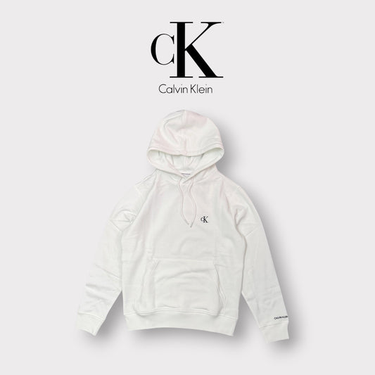 CALVIN KLEIN - Felpa Uomo con cappuccio, con logo lato cuore ricamato, tex.felpato, Col.Bianco