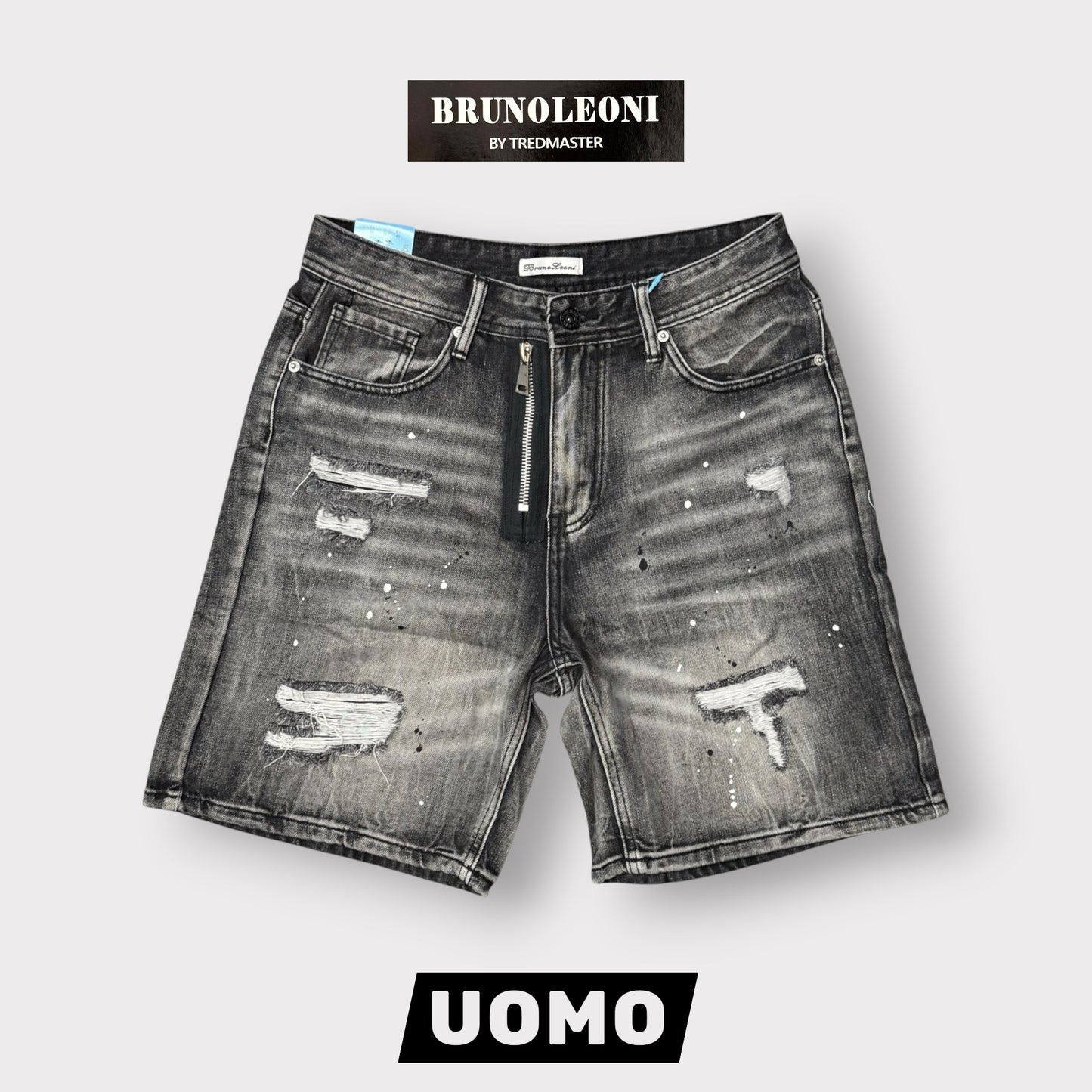 BRUNO LEONI - Bermuda Uomo con finta zip e strappi (lunghezza sopra al ginocchio), Col.Denim Grigio Scuro