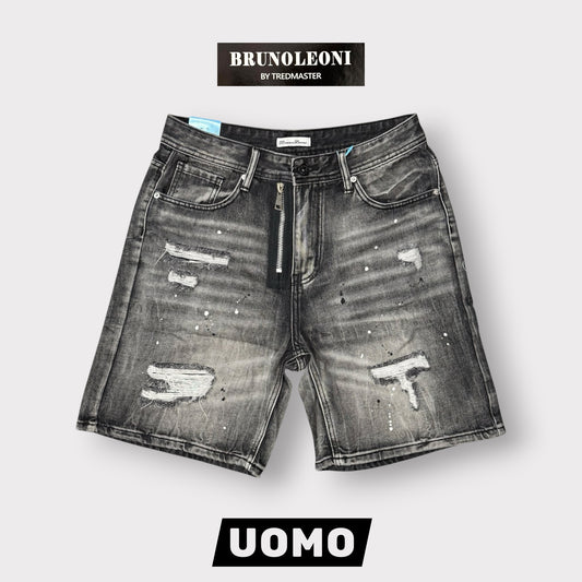 BRUNO LEONI - Bermuda Uomo con finta zip e strappi (lunghezza sopra al ginocchio), Col.Denim Grigio Scuro