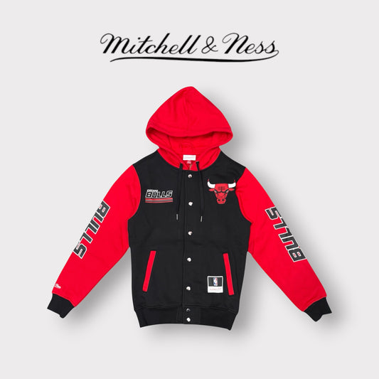 MITCHELL & NESS - Felpa Uomo CHICAGO BULLS con cappuccio, con bottoni, tex.felpato, Col.Nero/Rosso