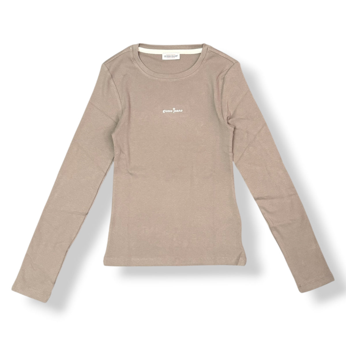 GUESS JEANS- T-shirt Donna, manica lunga, tex.costine, con scritta ricamata frontale, Col.Fango