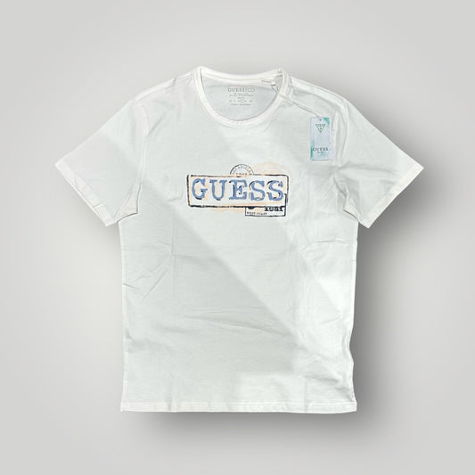 T-shirt GUESS con stampa frontale colorata in rilievo, Slim Fit, col. bianco