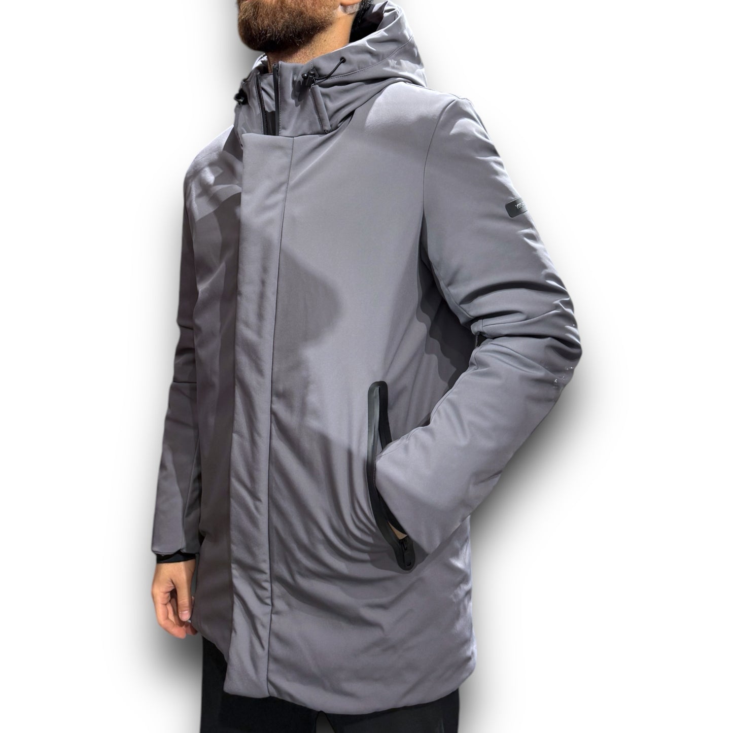 Giubbotto Softshell lungo YES-ZEE Uomo, Cappuccio fisso, Slim Fit, Col. Grigio