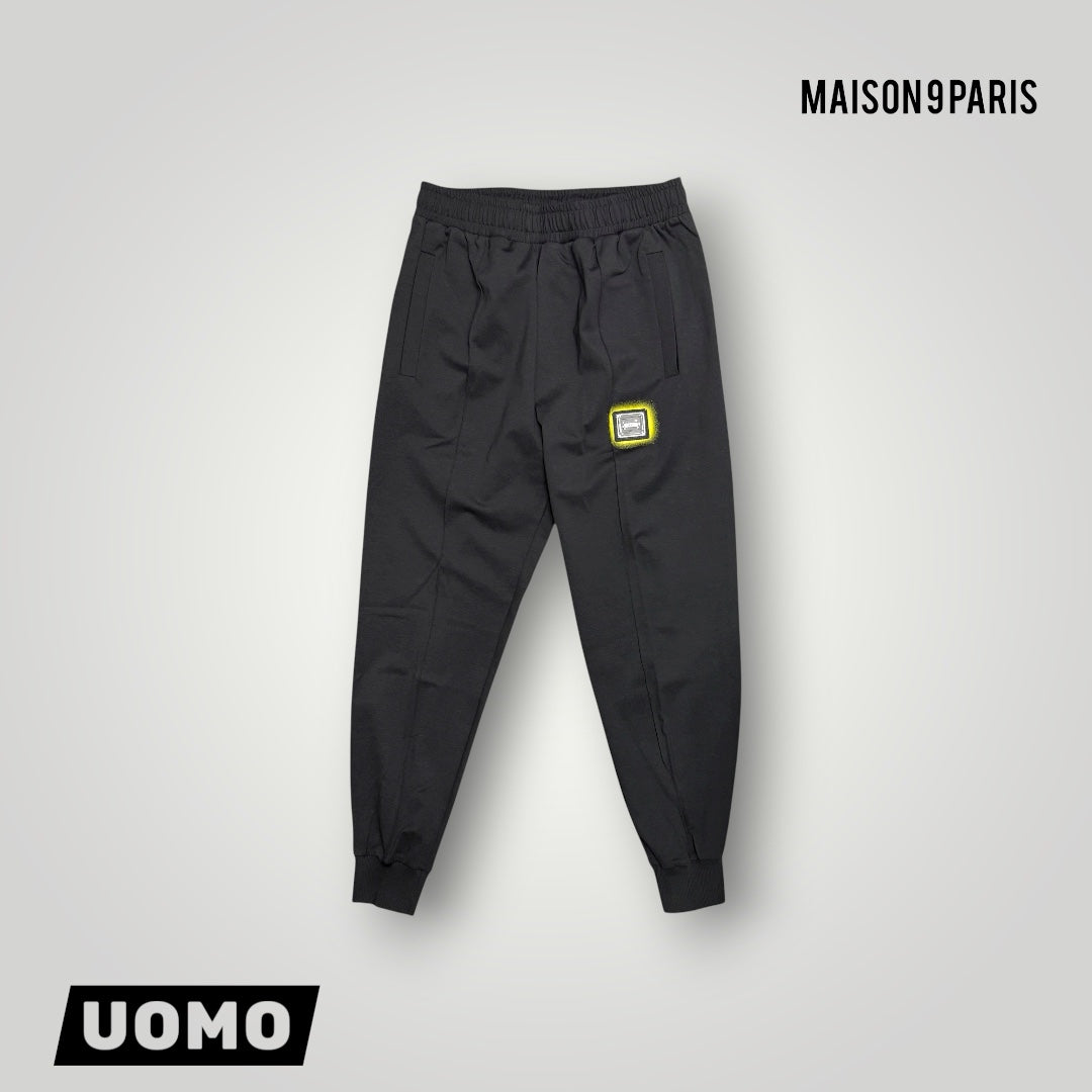 Pantalone MAISON 9 PARIS, in tessuto tecnico, col. Nero/Giallo