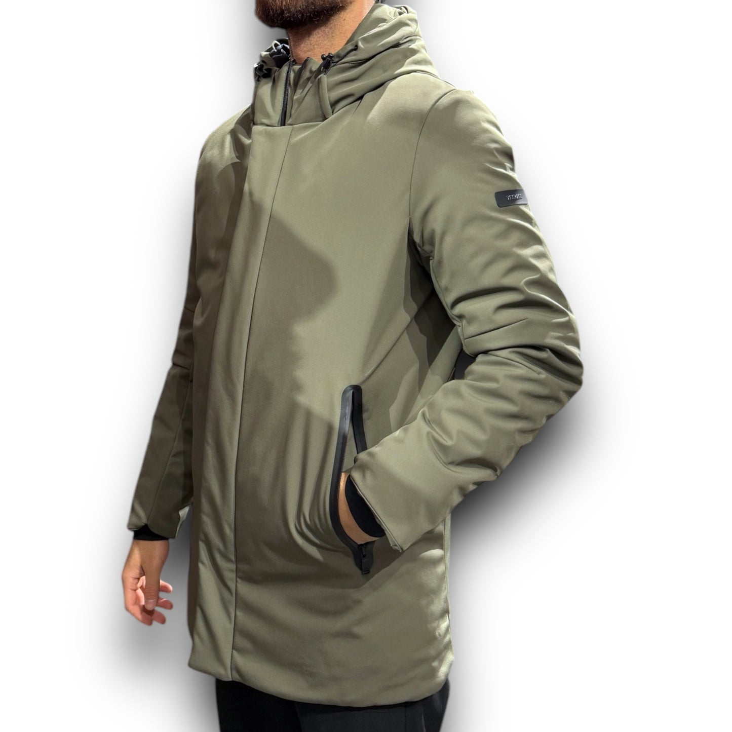 Giubbotto Softshell lungo YES-ZEE Uomo, Cappuccio fisso, Slim Fit, Col. Verde