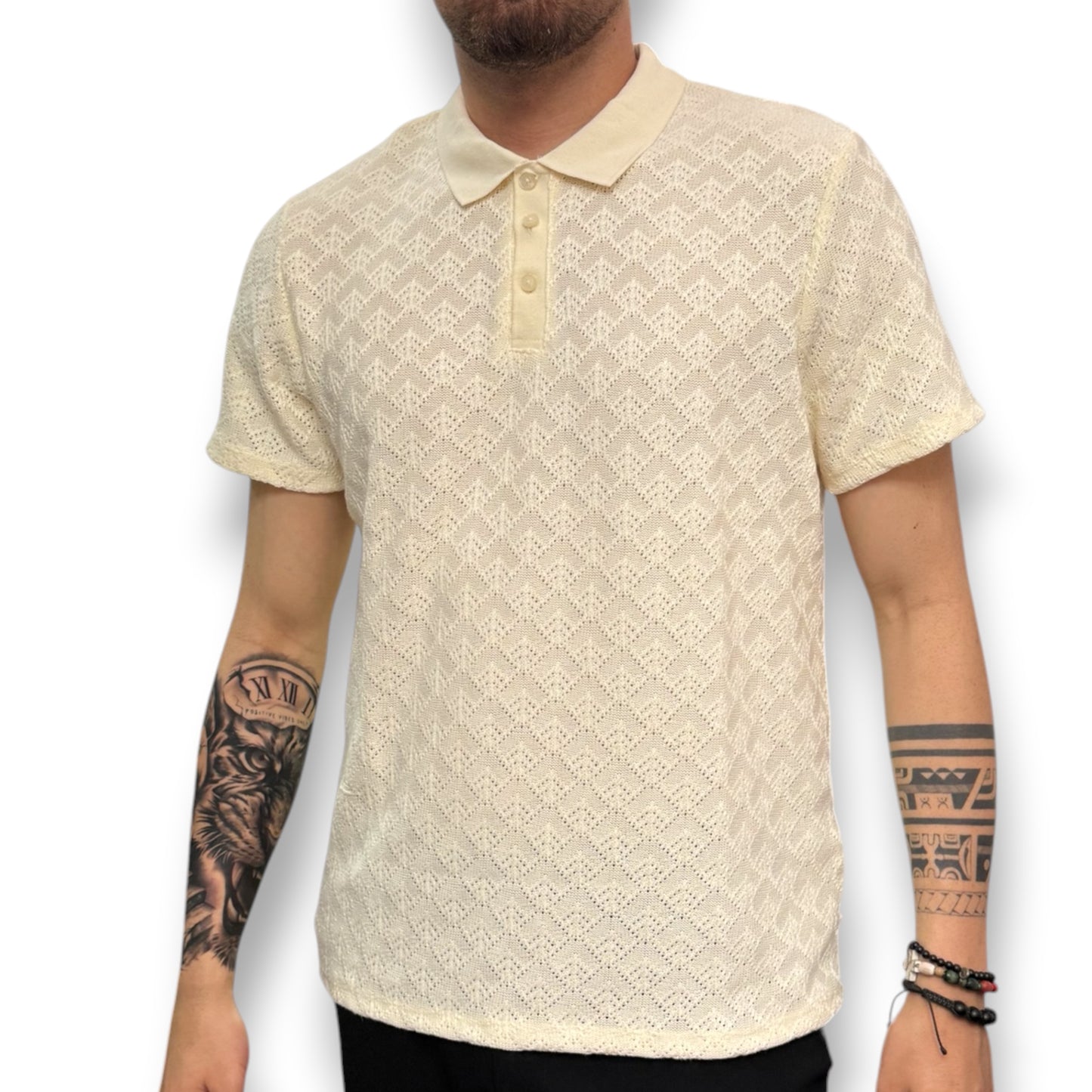 GUESS- Polo Uomo, in filo, Regular Fit, col.Panna