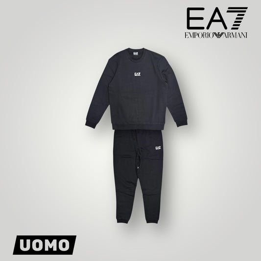 Tuta Completa EA7 felpata a girocollo con stampa piccola centrale,Col.Nero
