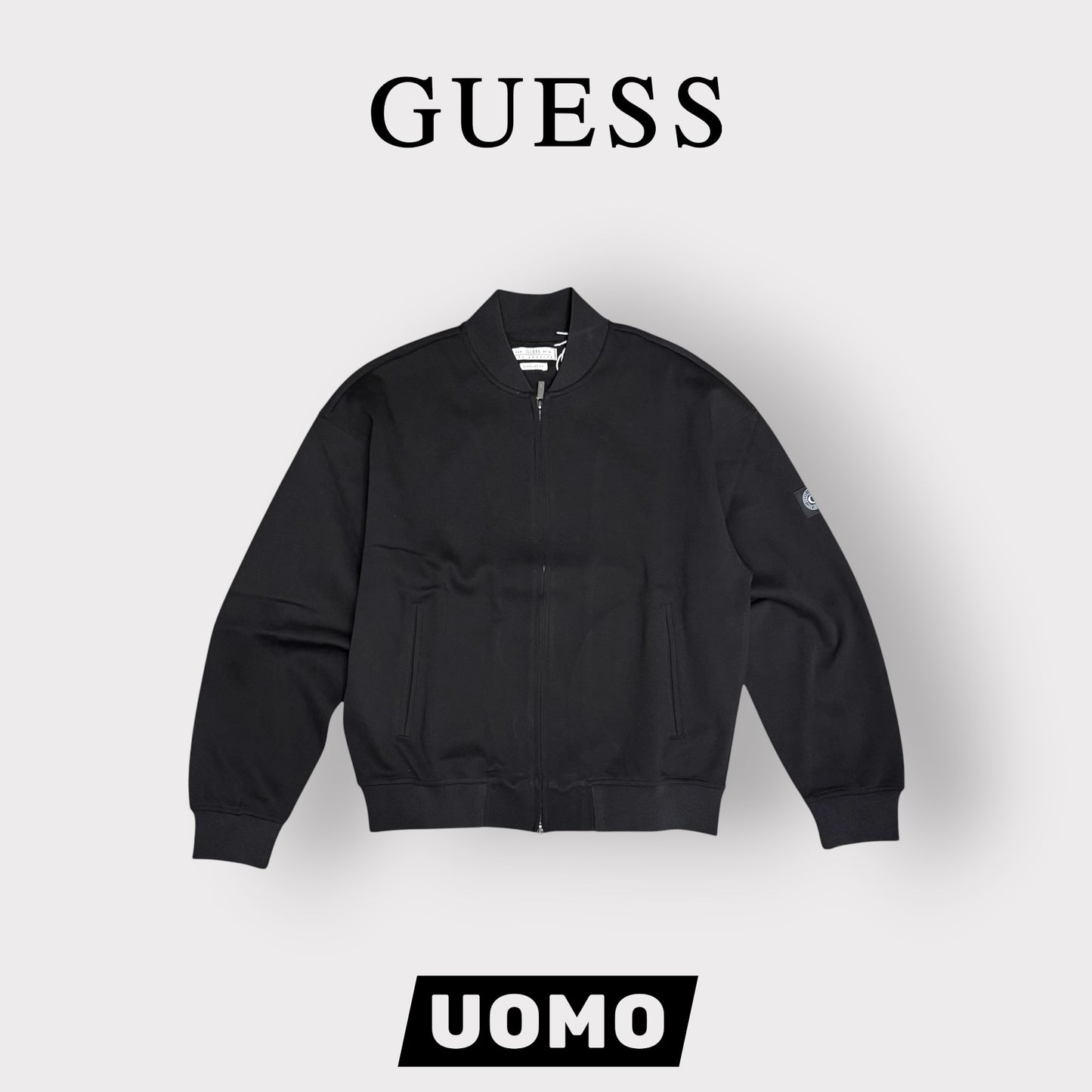 GUESS-Felpa Uomo, con zip e senza cappuccio, tex.cotone garzato, (Oversized Fit), Col.Nero