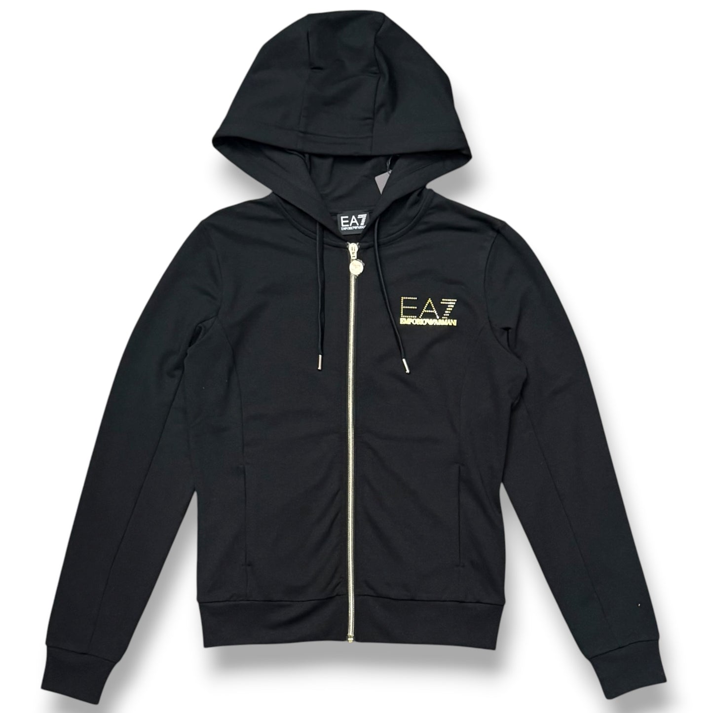 EA7 EMPORIO ARMANI- Tuta completa Donna con cappuccio con zip, con logo brillantinato lato cuore, primaverile, Col.Nero