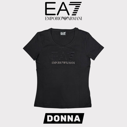 EMPORIO ARMANI- T-shirt Donna, con logo frontale brillantinato, col.Nero