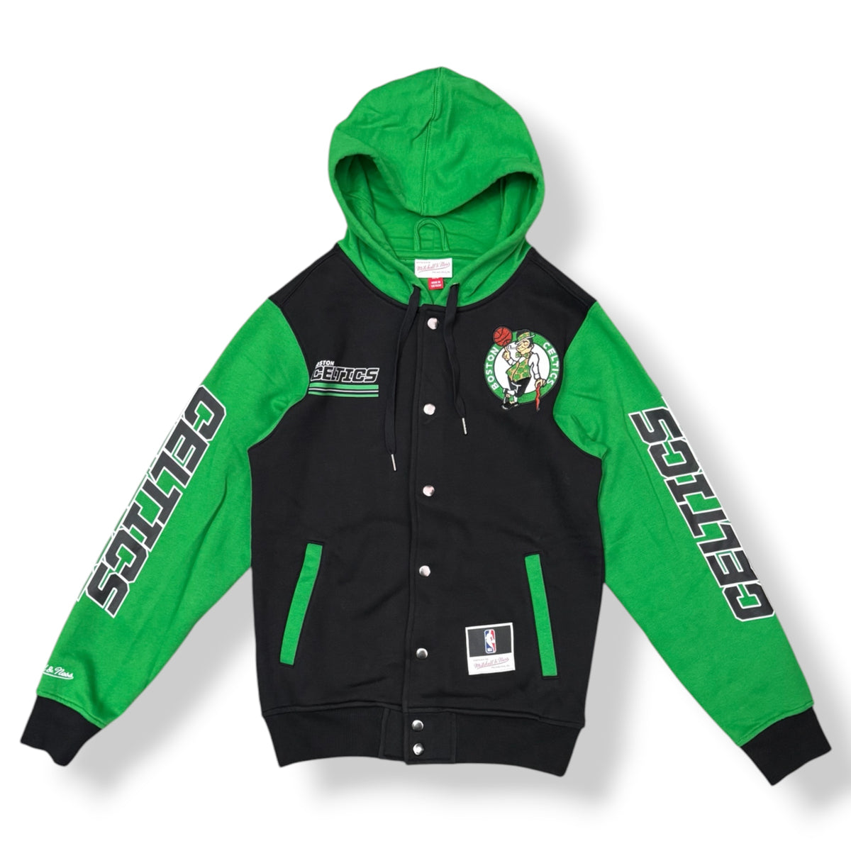 MITCHELL & NESS - Felpa Uomo BOSTON CELTICS con cappuccio, con bottoni, tex.felpato, Col.Nero/Verde