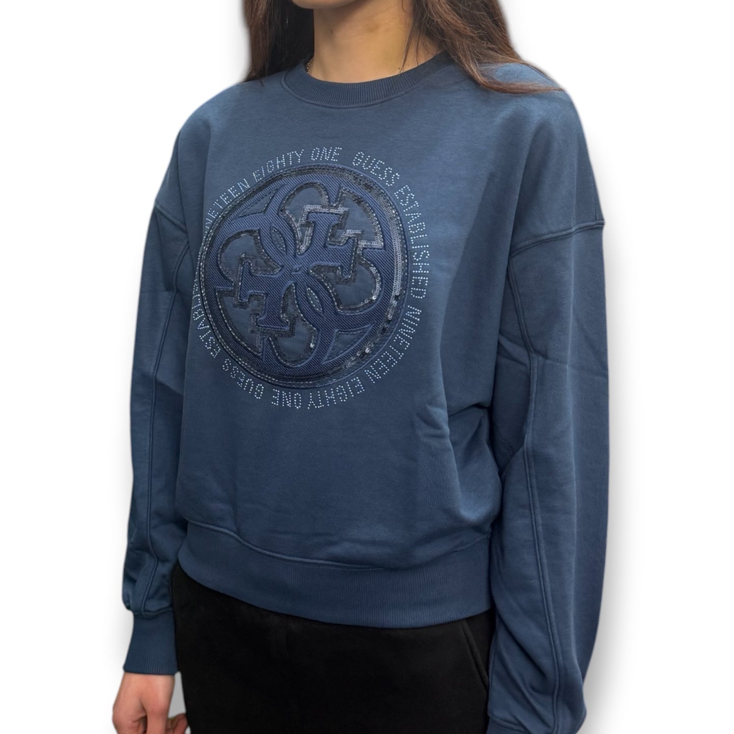 GUESS-Felpa estiva Donna, girocollo, con ricamo frontale e paillettes, tex.cotone garzato, Col.Blu