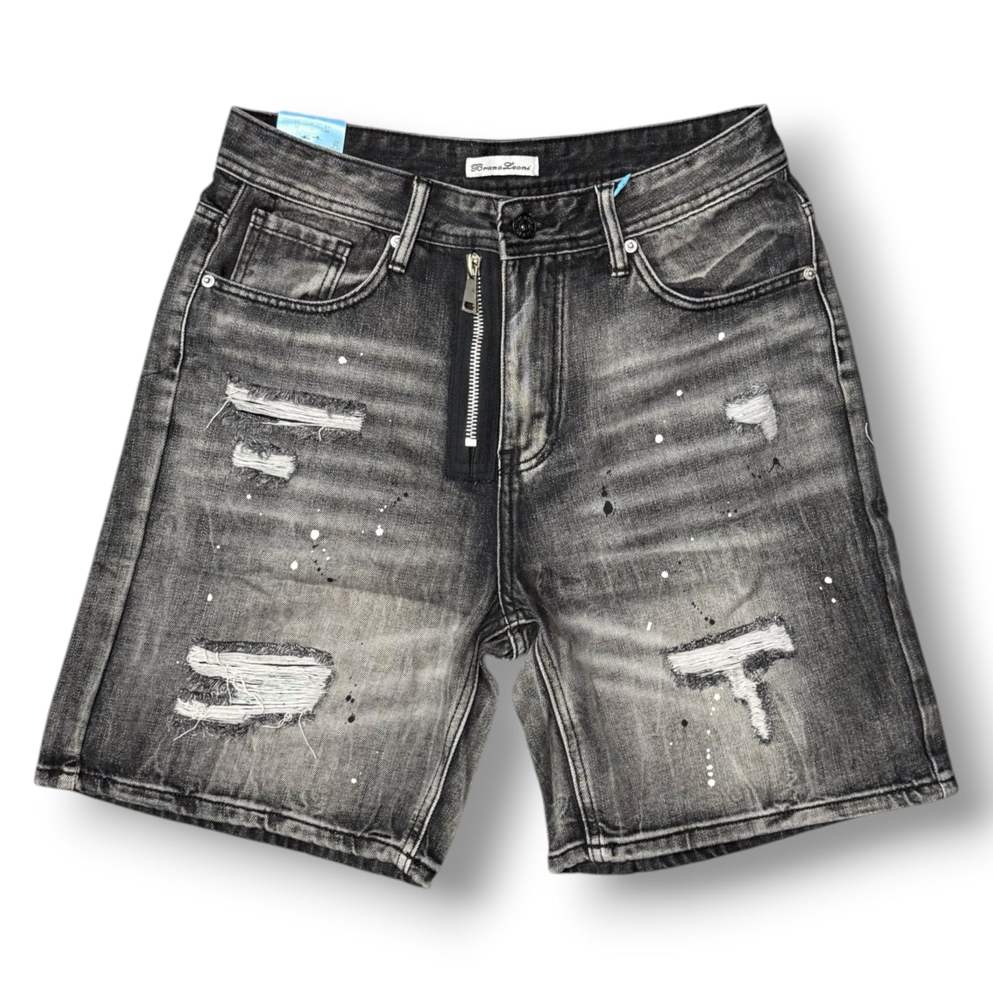 BRUNO LEONI - Bermuda Uomo con finta zip e strappi (lunghezza sopra al ginocchio), Col.Denim Grigio Scuro