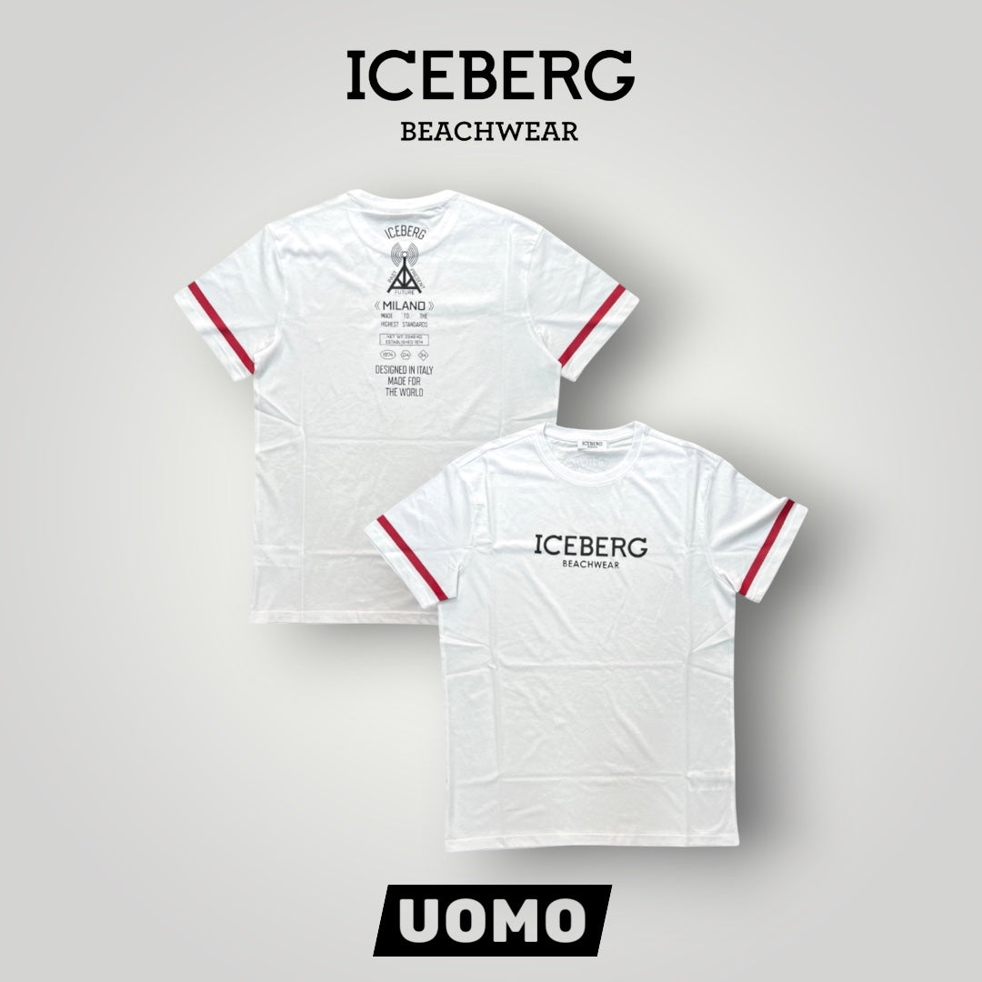 ICEBERG BEACHWEAR- T-shirt Uomo, stampa frontale e sulla schiena, col.Bianco