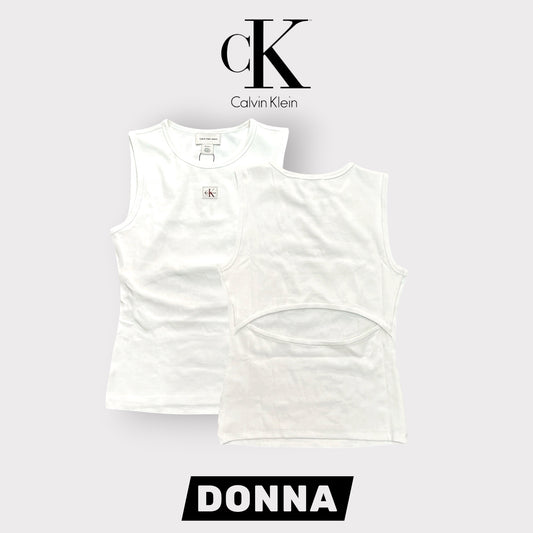 CALVIN KLEIN- Canotta a costine Donna, con logo frontale e taglio dietro, Slim Fit, col.Bianco