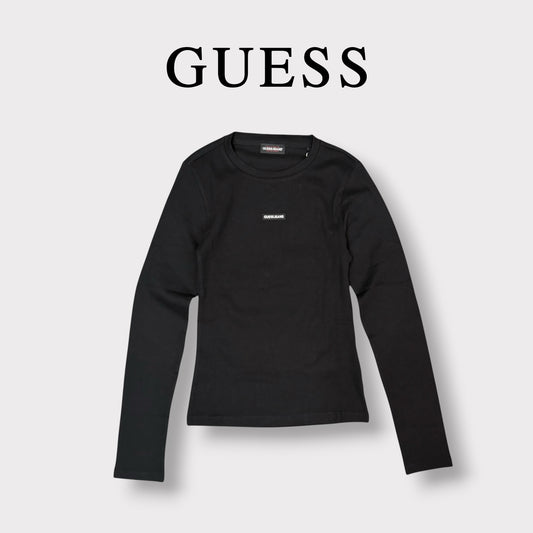GUESS JEANS- T-shirt Donna, manica lunga, tex.costine, con targhetta frontale piccola, Col.Nero