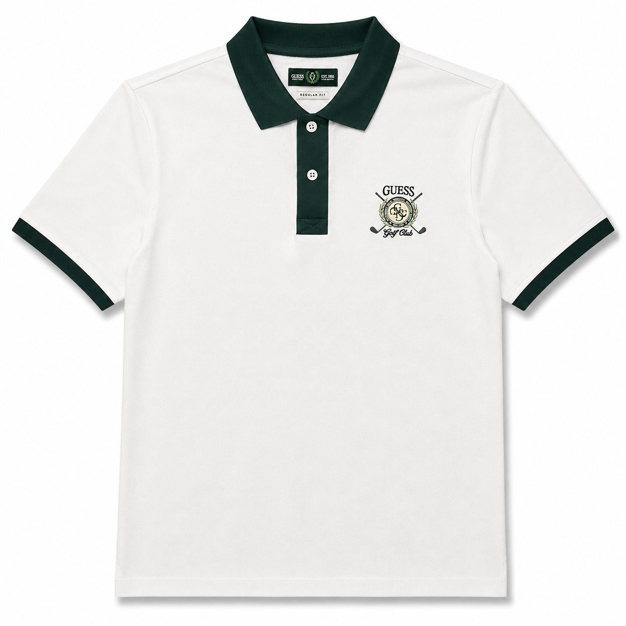 GUESS- Polo Uomo, Regular Fit, con logo lato cuore stampato e colletto verde, Col.Bianco