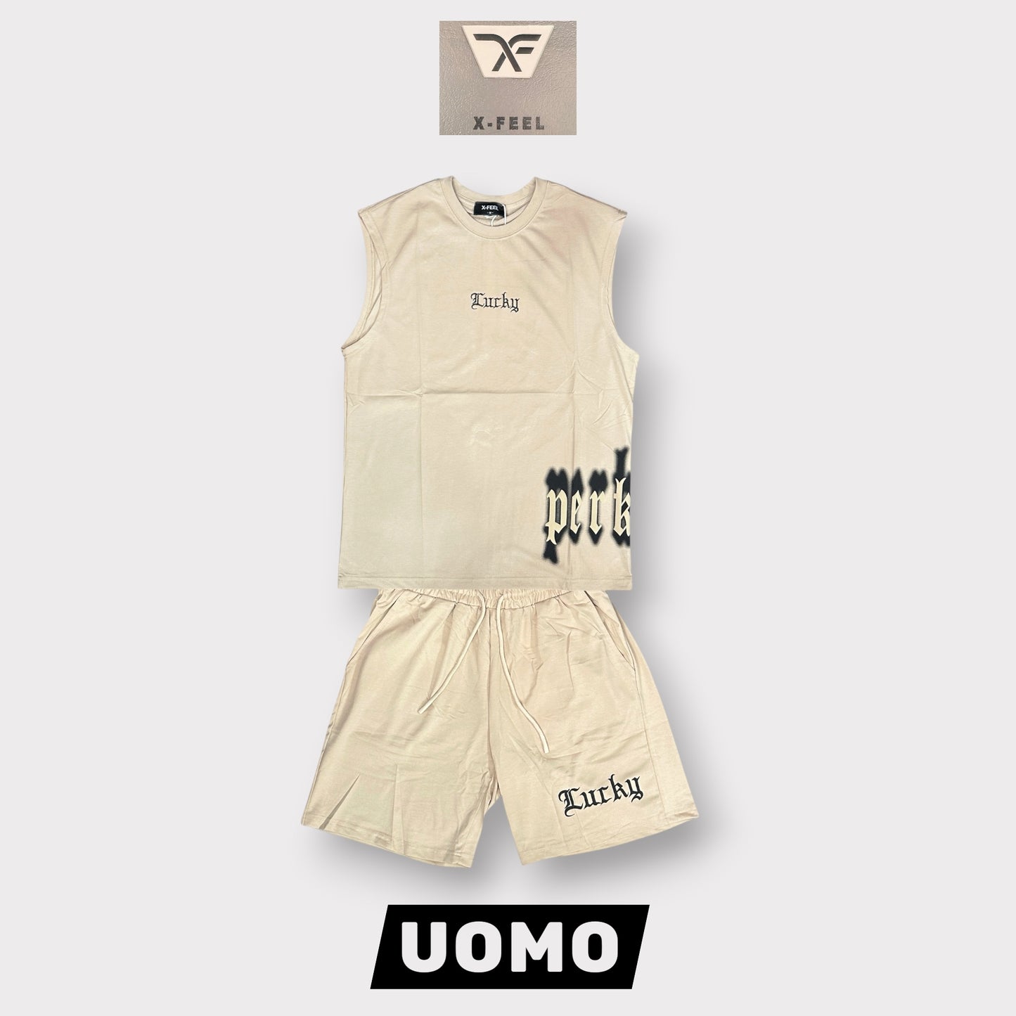 X - FEEL - Completino estivo Uomo con scritta ricamata, Col.Beige