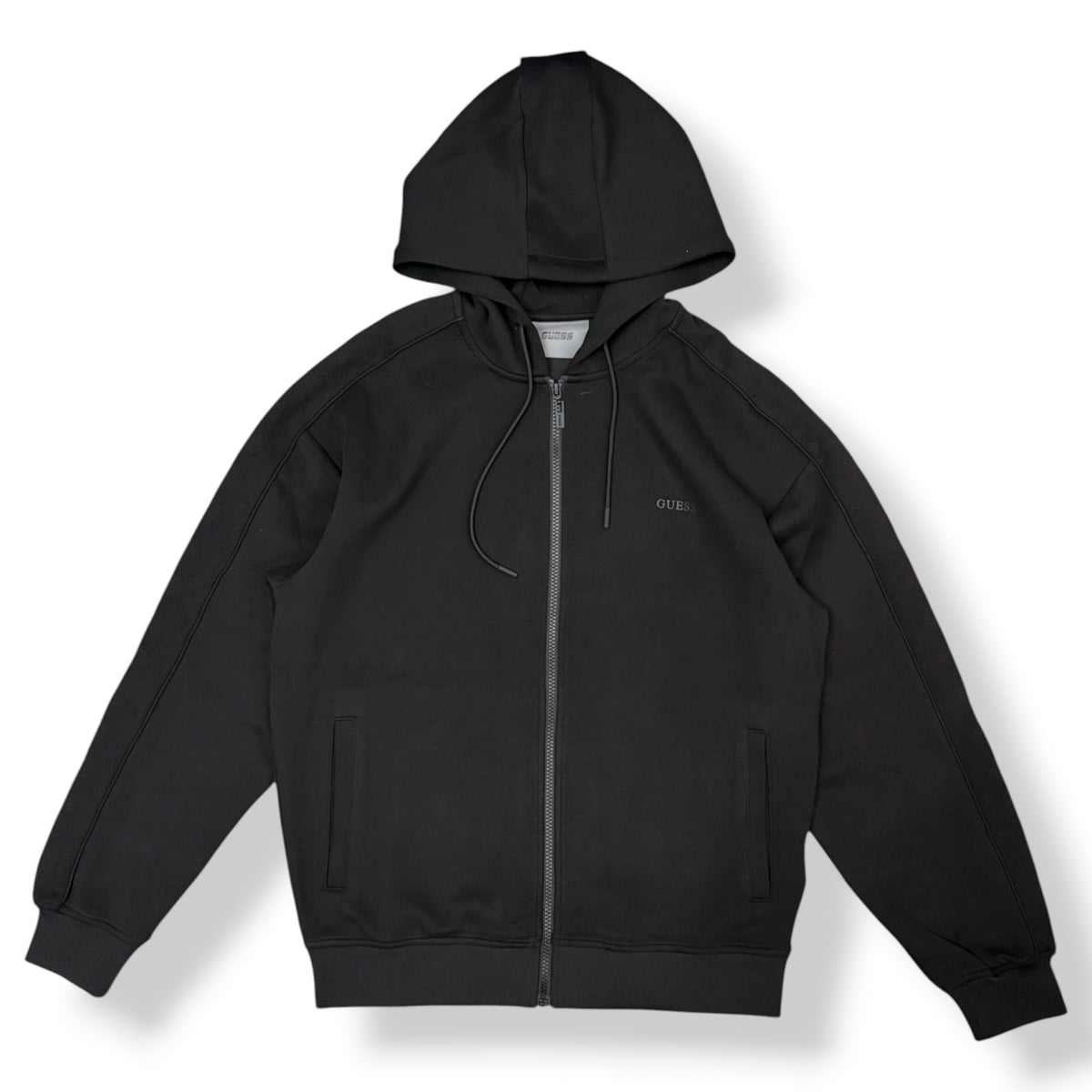 GUESS - Tuta completa Uomo, con cappuccio, con banda laterale logata nero su nero, Col.Nero