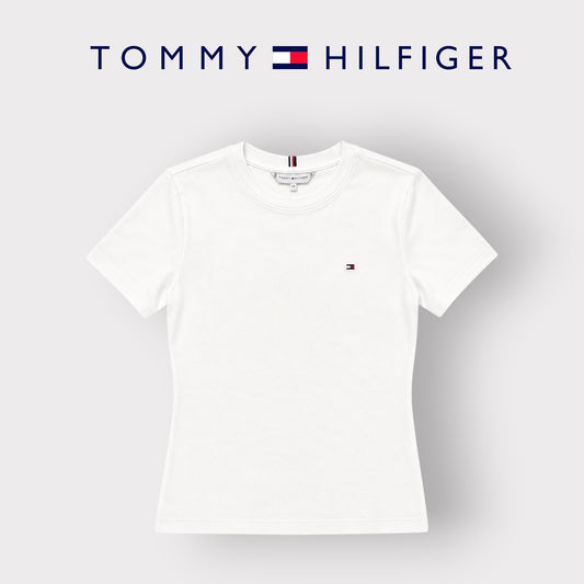 TOMMY HILFIGER- T-shirt Donna, con logo ricamato lato cuore, Slim Fit, col.Bianco