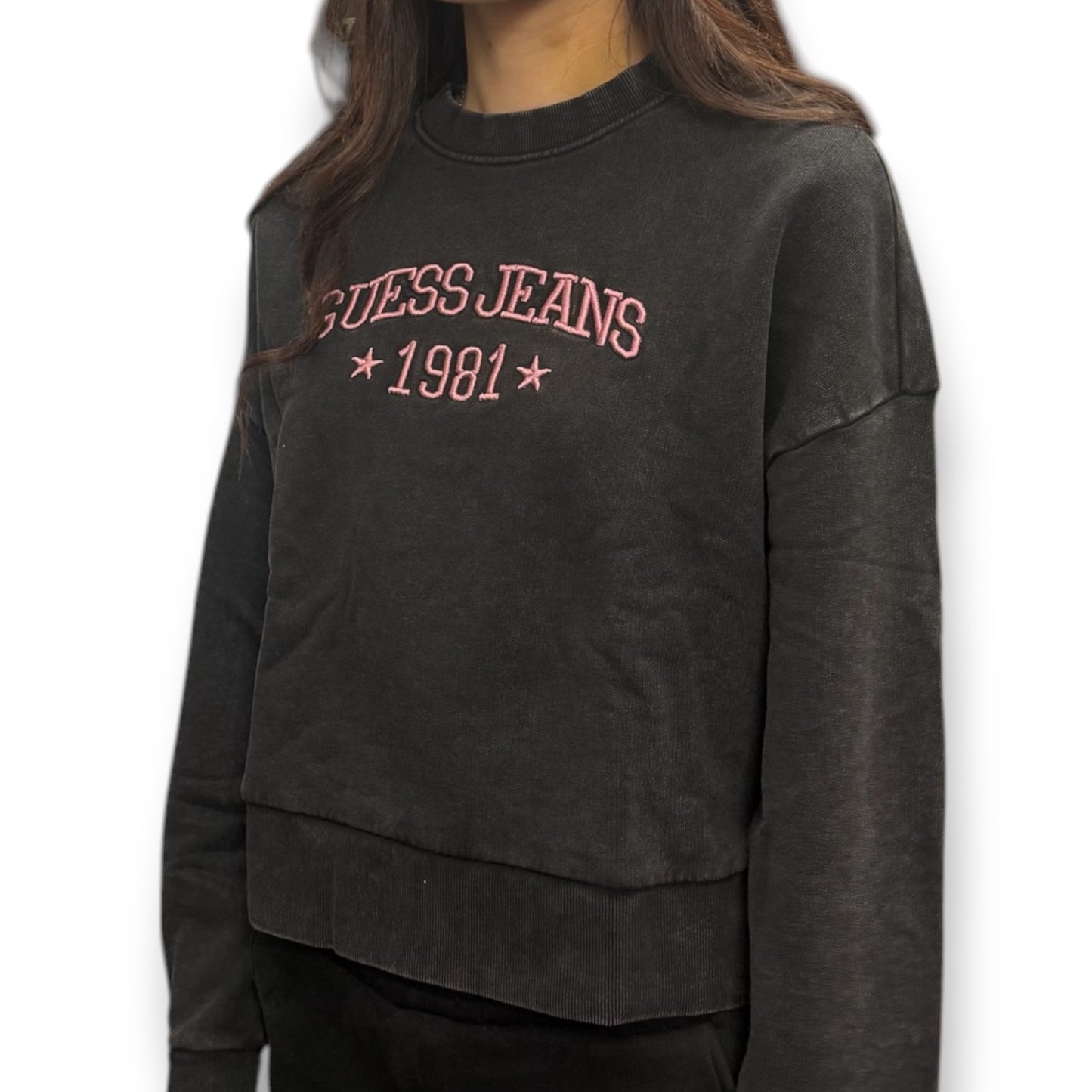 GUESS-Felpa estiva Donna, girocollo e con ricamo frontale rosa, tex.cotone garzato, Col.Grigio scuro