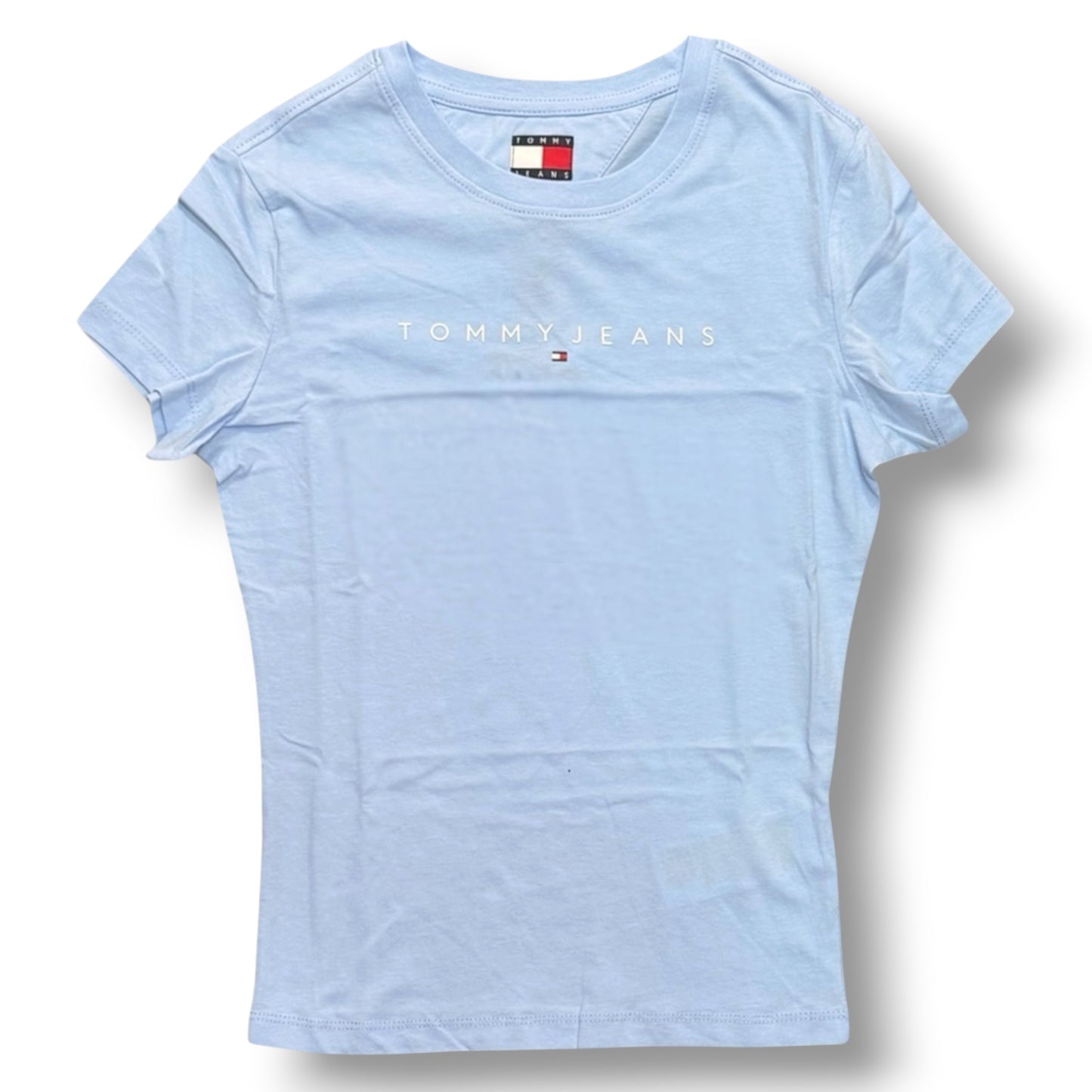 TOMMY JEANS- T-shirt Donna, con scritta in rilievo, Slim Fit, col.Celeste