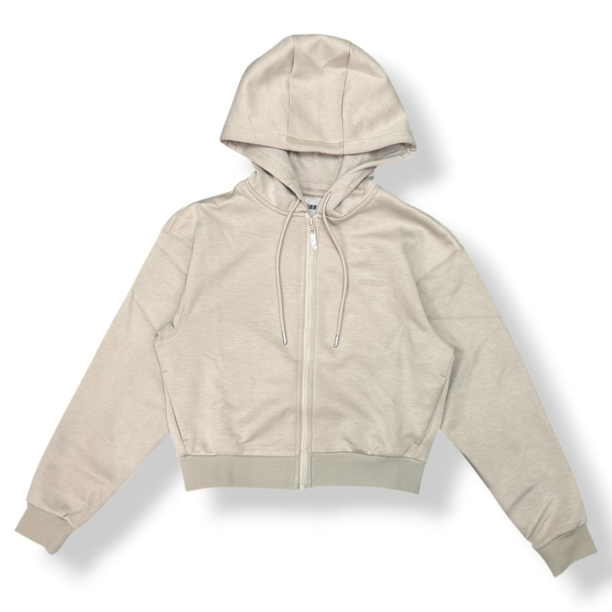 GUESS - Felpa Donna, con cappuccio e zip, con logo gommato lato cuore, tex.Neoprene, col.Beige