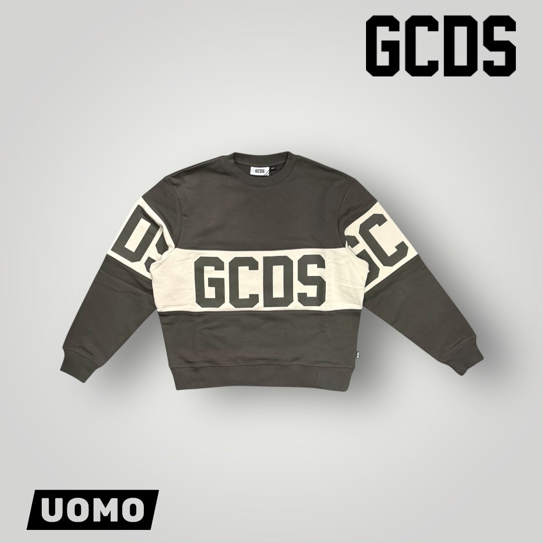 Felpa GCDS girocollo, tex.garzato, col.Verde militare/Beige