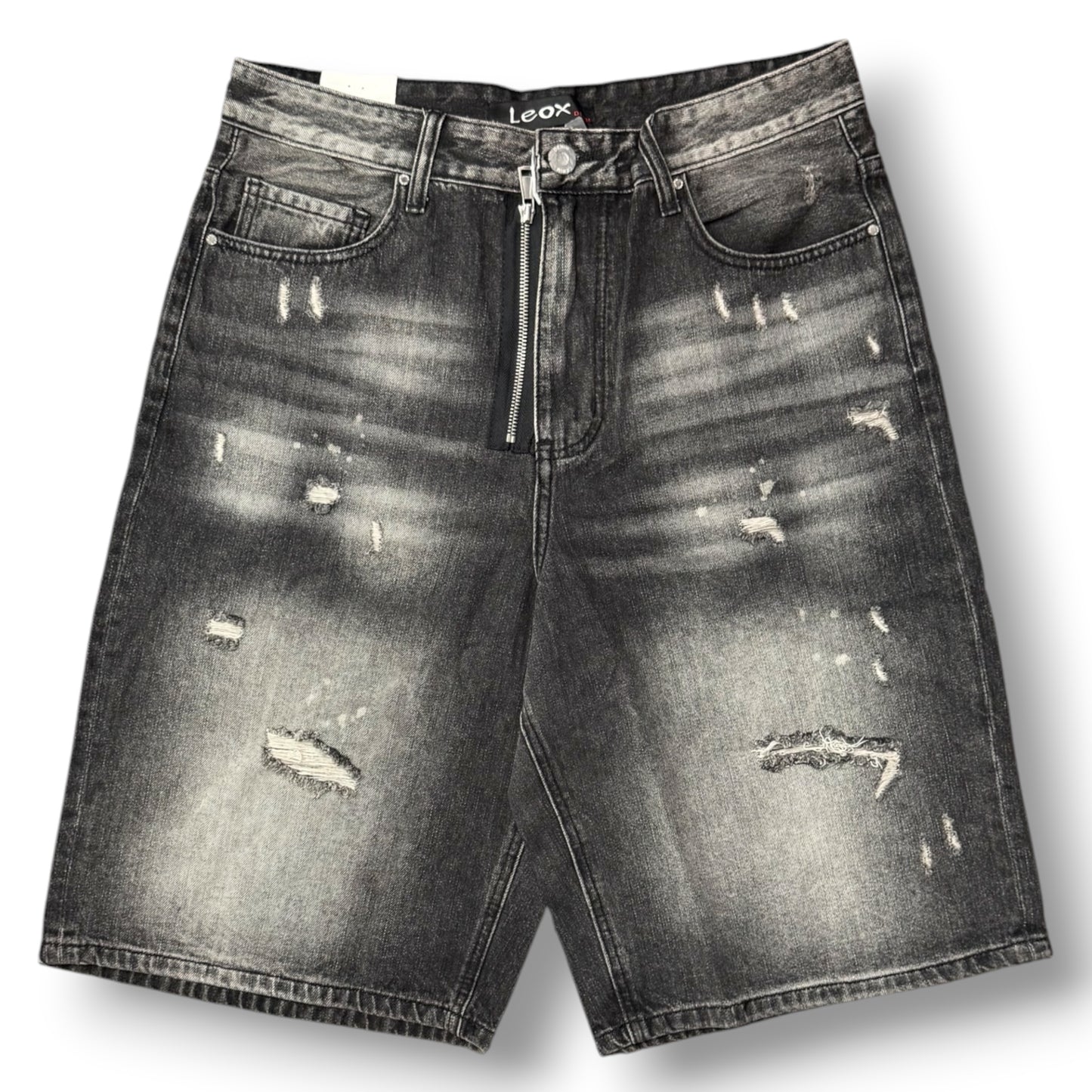 LEOX - Bermuda Uomo Baggy Fit con finta zip e rotture (lunghezza sotto al ginocchio), Col.Black Denim Sabbiato