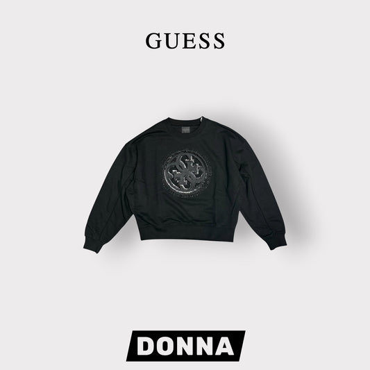 GUESS-Felpa estiva Donna, girocollo, con ricamo frontale e paillettes, tex.cotone garzato, Col.Nero