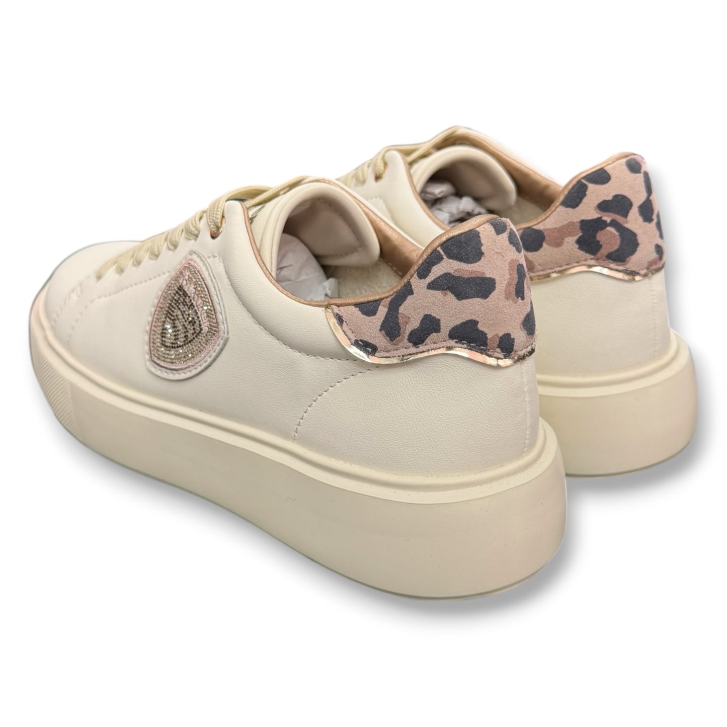 BLAUER - Scarpe Donna, con scudetto Swarovski e dettaglio leopardato, col.Crema