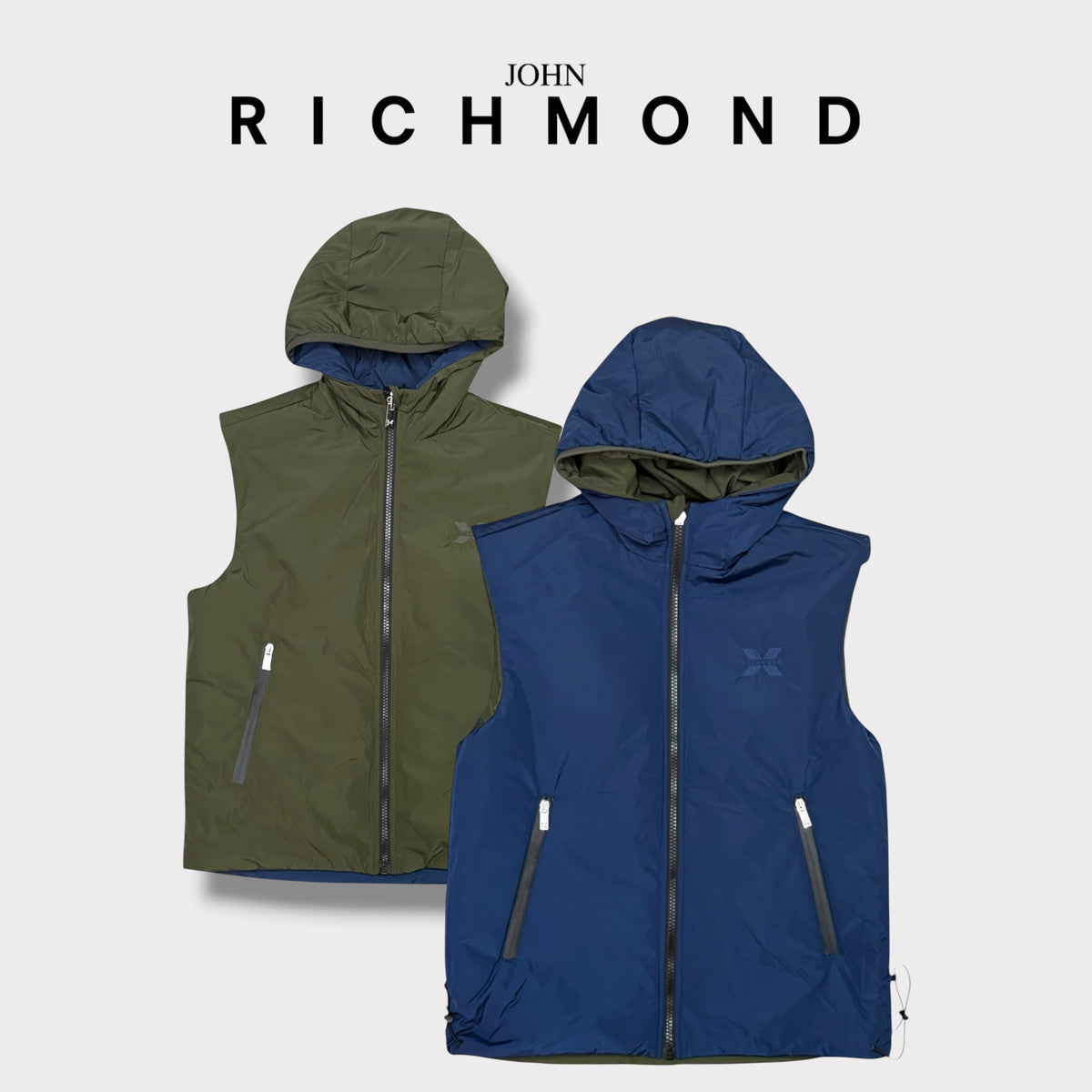 JOHN RICHMOND- Giubbotto smanicato Uomo, reversibile, con logo ricamato lato cuore, col.Verde/Blu