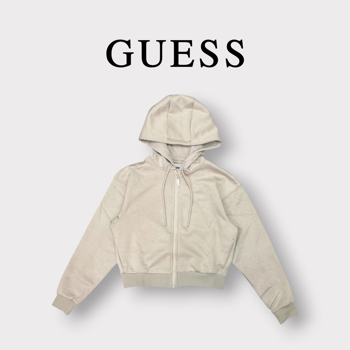 GUESS - Felpa Donna, con cappuccio e zip, con logo gommato lato cuore, tex.Neoprene, col.Beige